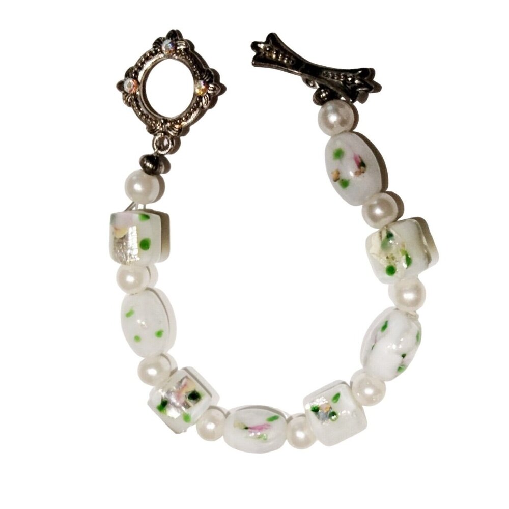 Art Glass Bracelet Vintage Artisan White Rose 7 inch wedding Flower girl